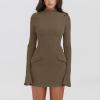NATHGAM Women's Sexy Wrap Bodycon Dress Long Bell Sleeve Mini Dresses Flap Pocket Mock Neck Dress Party Nightclub Streetwear Khaki view 2