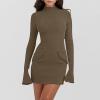 NATHGAM Women's Sexy Wrap Bodycon Dress Long Bell Sleeve Mini Dresses Flap Pocket Mock Neck Dress Party Nightclub Streetwear Khaki view 3