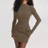 NATHGAM Women's Sexy Wrap Bodycon Dress Long Bell Sleeve Mini Dresses Flap Pocket Mock Neck Dress Party Nightclub Streetwear Khaki view 4
