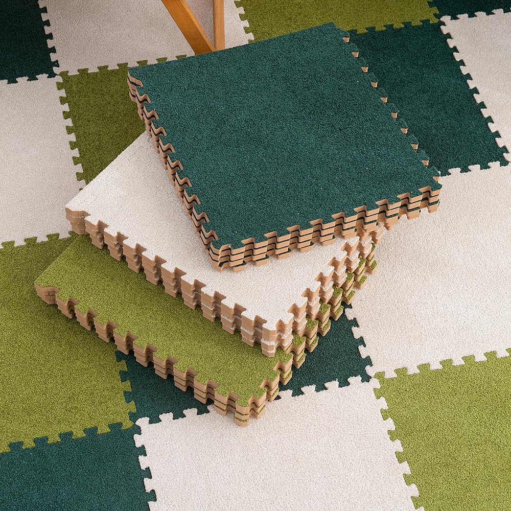 9 Pcs Interlocking Plush Foam Mat Comfy Foam Carpet Tiles Floor Padding with Border Anti-Slip Exercise Play Mat for Yoga, Playroom, Garage, Room Floor, Puzzle Area (green)