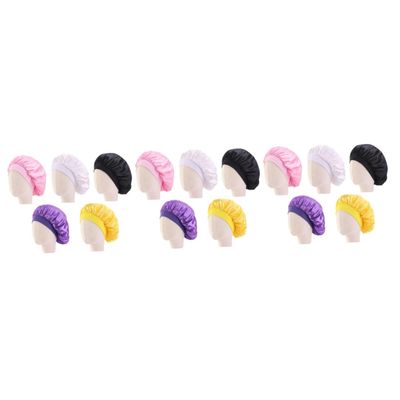Angoily 3sets Soft Satin Kids Sleep Cap Elastic Night Headwear Wide-brimmed for Full Head 5pcs*3