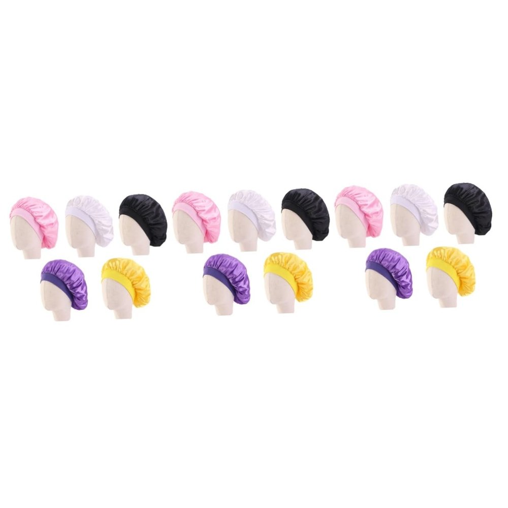 Angoily 3sets Soft Satin Kids Sleep Cap Elastic Night Headwear Wide-brimmed for Full Head 5pcs*3