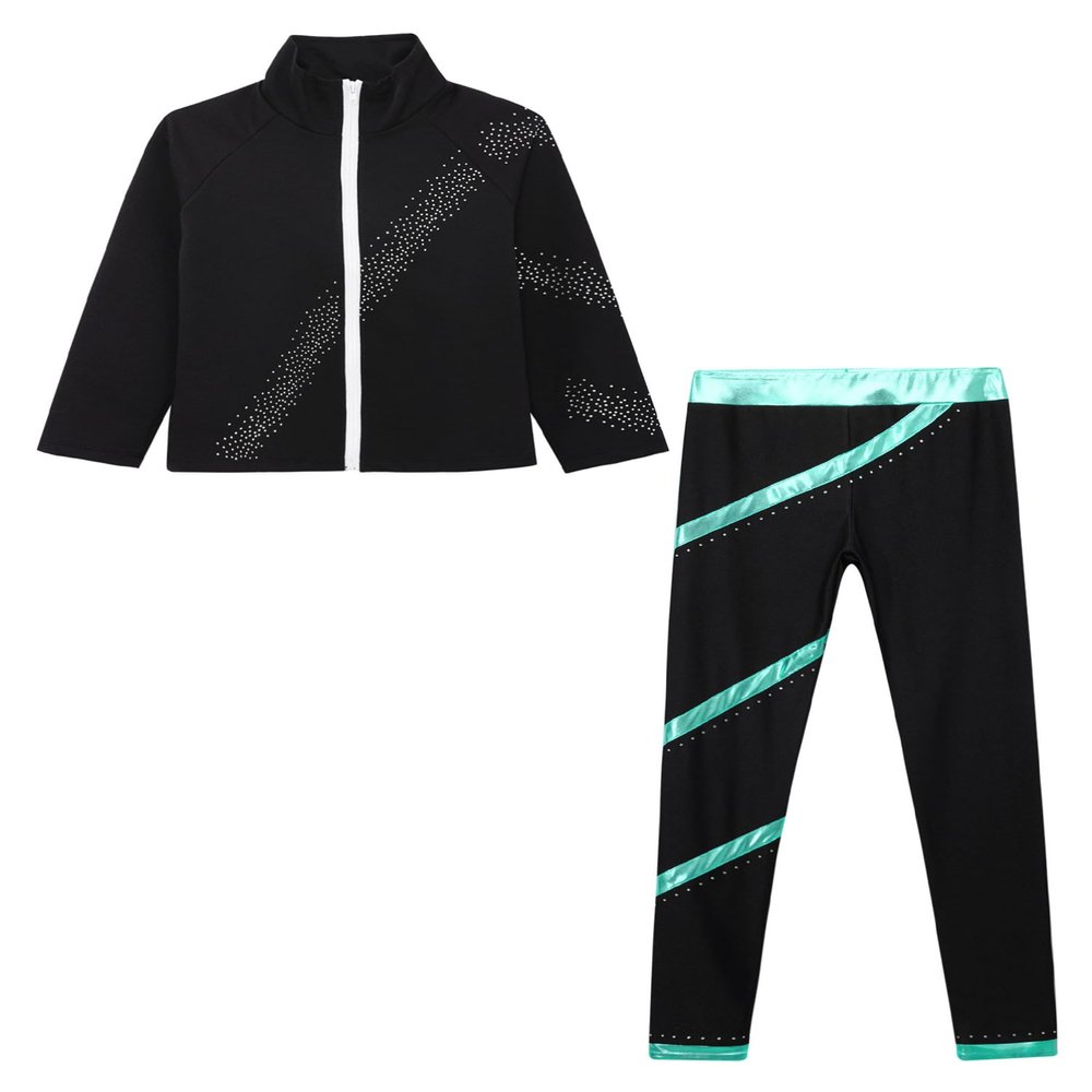 Aislor Girls Kids Ice Skating Suit Figure Skating Jacket Outerwear with Practice Leggings Ice Skating Pants Training Costume Type A Blue Green 6 Years