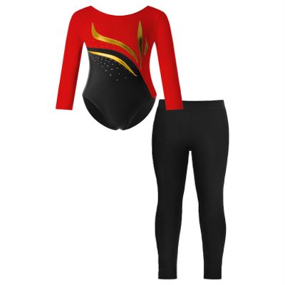 YOOJOO Kids Girls Gymnastics Dance Outfits Long Sleeve Leotard Biketard Jumpsuit with Leggings Pants Set Activewear Red&Black 6 Years