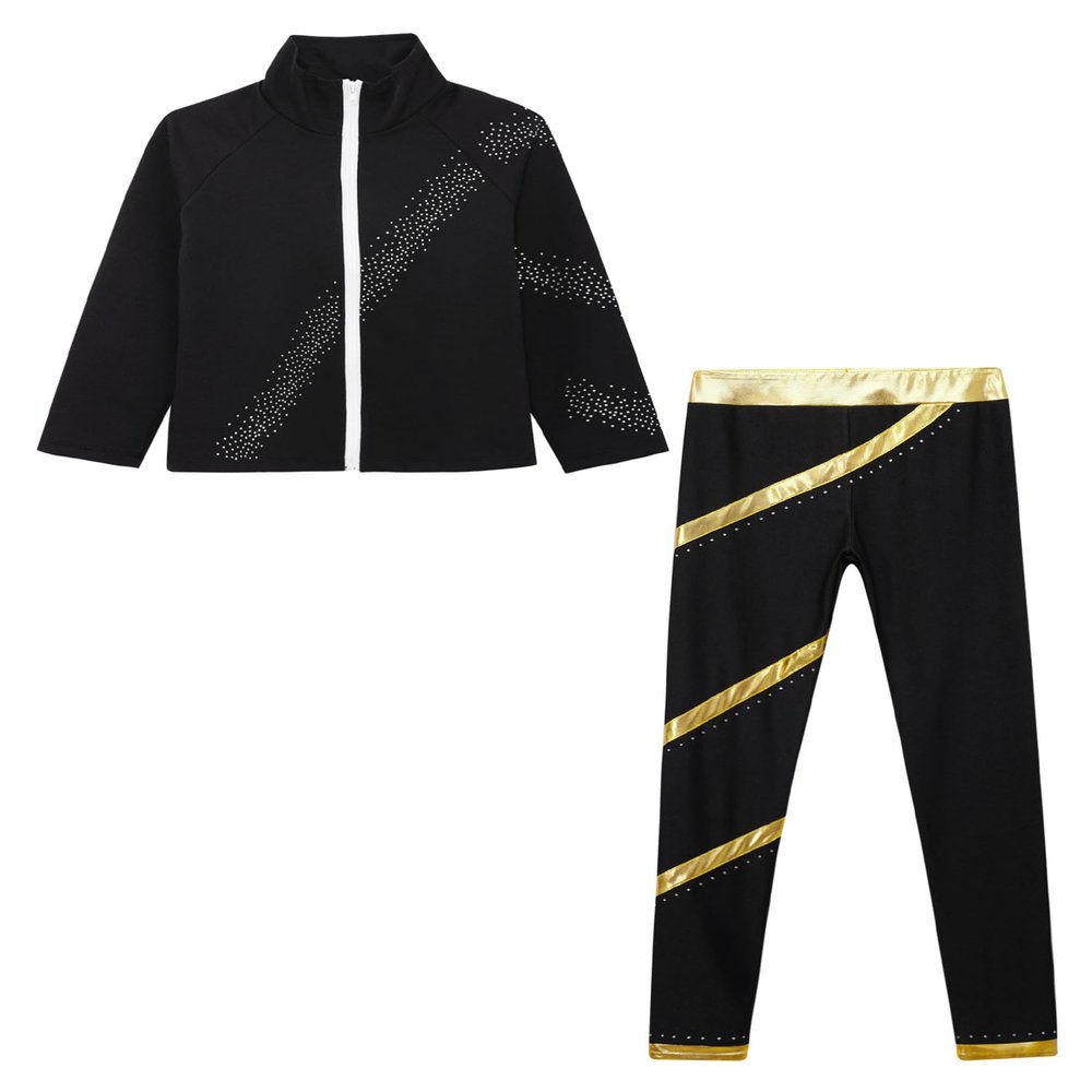 Aislor Girls Kids Ice Skating Suit Figure Skating Jacket Outerwear with Practice Leggings Ice Skating Pants Training Costume Type A Gold 8 Years