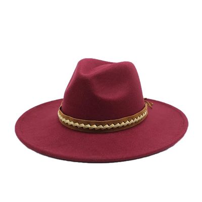 Autumn Winter Fedora Hats for Women Big Brim 9.5CM Felt Top Hat Vintage Church Jazz Hat Men Dress Hats Wine red 56-58CM