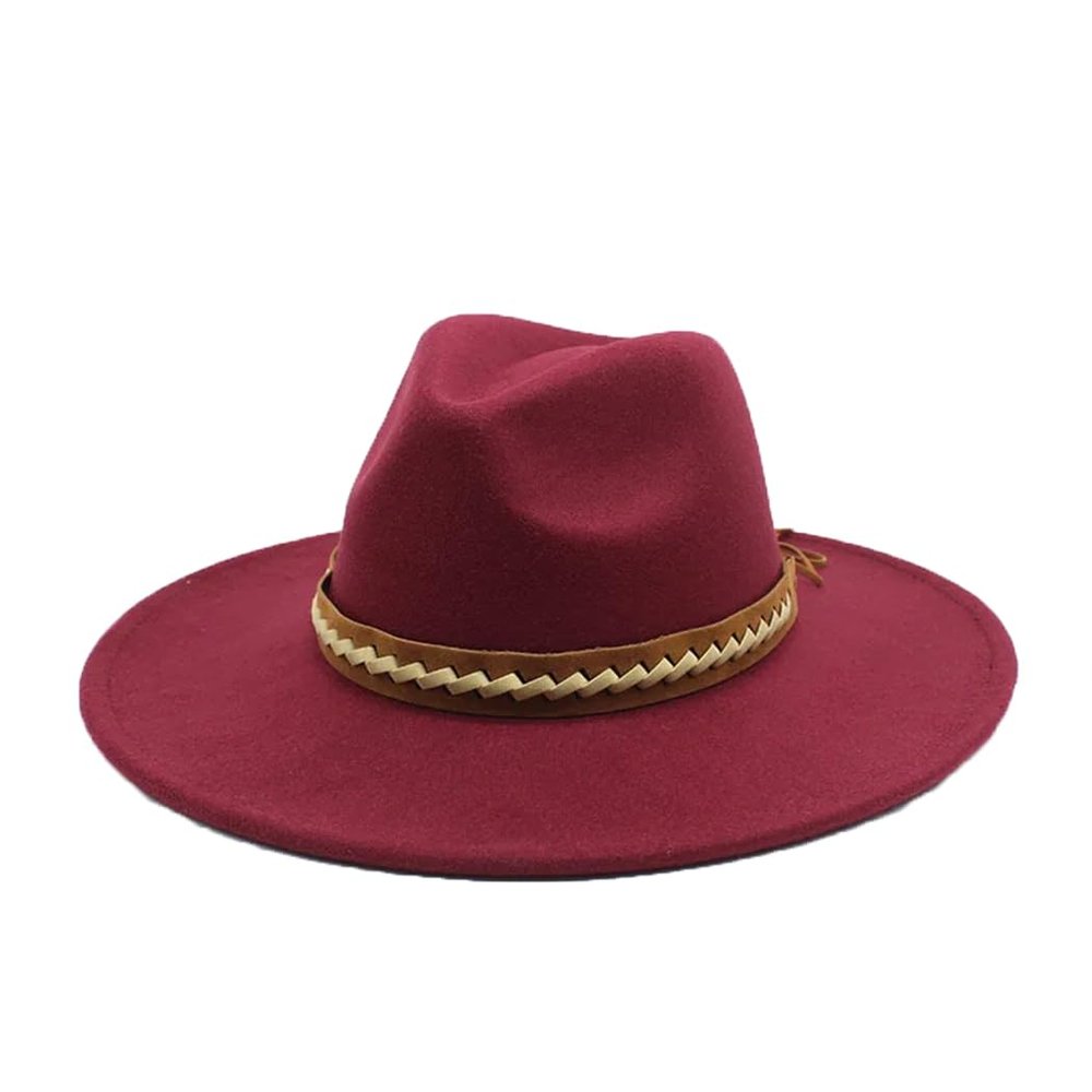 Autumn Winter Fedora Hats for Women Big Brim 9.5CM Felt Top Hat Vintage Church Jazz Hat Men Dress Hats Wine red 56-58CM