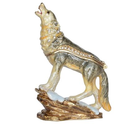 Wolf Trinket Box, Enamel Keepsake Jewelry Container, Animal Figurines