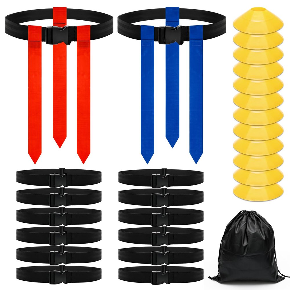 Anglecai Flag Football Belts, 14 Player Flag Football Set, Includes 14 Belts, 42 Flags, 12 Cones and 1 Storage Bag, Flag Football Belts and Flags Set for Players Training