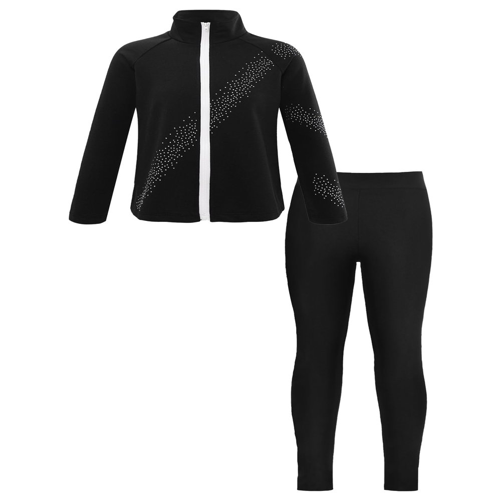 Aislor Girls Kids Ice Skating Suit Figure Skating Jacket Outerwear with Practice Leggings Ice Skating Pants Training Costume # Black-1 10 Years