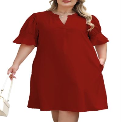 Celkuser Plus Size Summer Casual Shift Dress for Curvy Women V Neck Ruffled Sleeves Loose Shirt Dresses with Pockets 2025 (cel164,14,Wine)