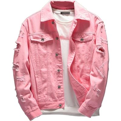 SWJGLITTR Men Button Distressed Denim Jacket Ripped Slim Trucker Jean Jackets Casual Cowboy Cut Biker Coats (3X-Large,Pink)