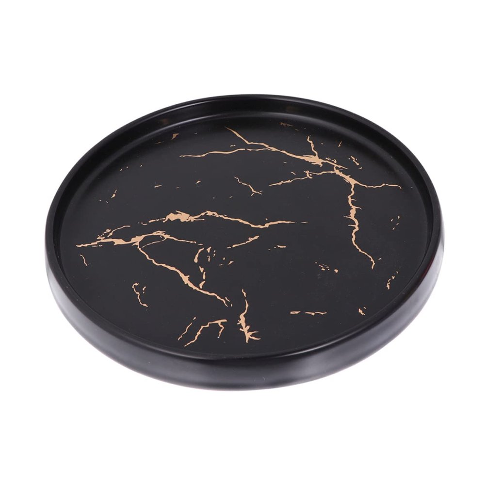 PACKOVE 1pc Gold Round Ceramic Jewelry Dish Elegant Trinket Tray for Earrings Accessories Marble Patterned Storage Plate for Home Office Decor
