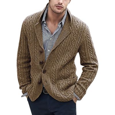 xoxingysm Cardigan Sweater for Men Shawl Collar Button Down Cable Knit Casual Fishing Warm Sweater Coat with Pockets Brown