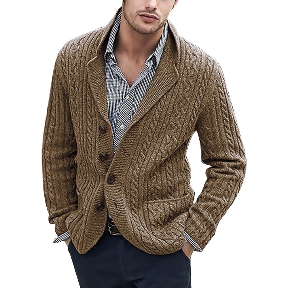 xoxingysm Cardigan Sweater for Men Shawl Collar Button Down Cable Knit Casual Fishing Warm Sweater Coat with Pockets Brown