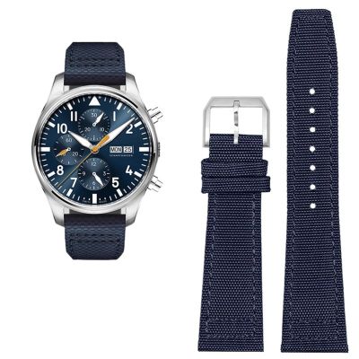 ORKDFJ High Density Nylon cowhide Watchband For IWC PILOT Portugal Fabric Watch Strap 20mm 21mm 22mm Bracelet Black Armygreen Blue Cowhide Wrist Belt (Color : Blue silver pin, Size : 21mm)