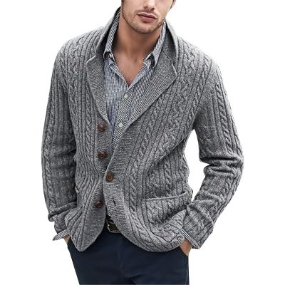 xoxingysm Cardigan Sweater for Men Shawl Collar Button Down Cable Knit Casual Fishing Warm Sweater Coat with Pockets Grey