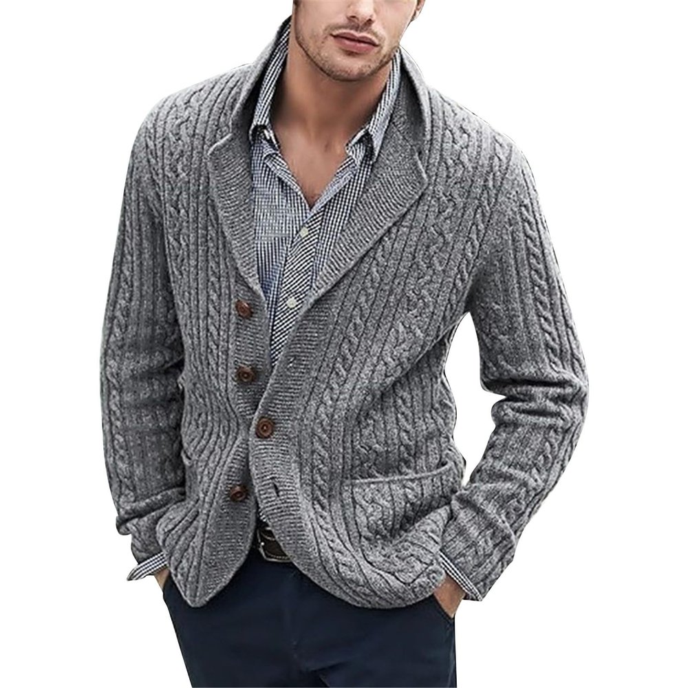 xoxingysm Cardigan Sweater for Men Shawl Collar Button Down Cable Knit Casual Fishing Warm Sweater Coat with Pockets Grey