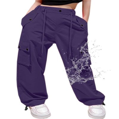 Cromoncent Girls High Waist Parachute Pants Y2K Cargo Trousers with Pockets, Dark Purple, 6-7 Years = Tag 130