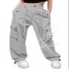 Cromoncent Girls High Waist Parachute Pants Y2K Cargo Trousers with Pockets, Light Grey, 7-8 Years = Tag 140