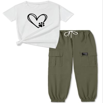 ARTMINE Girls 2-Piece Clothing Sets Sleeve Printed T-shirt+Casual Drawstring Elastic Waist Cargo Pants, US 11-12 Years = Tag 160