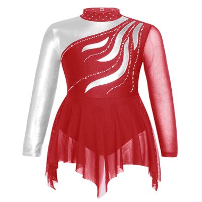 YOOJOO Girls Long Sleeves Figure Ice Skating Dress Kids Leotard Roller Skating Rhinestones Sheer Mesh Ballet Dance Dress G1141Burgundy 16 Years