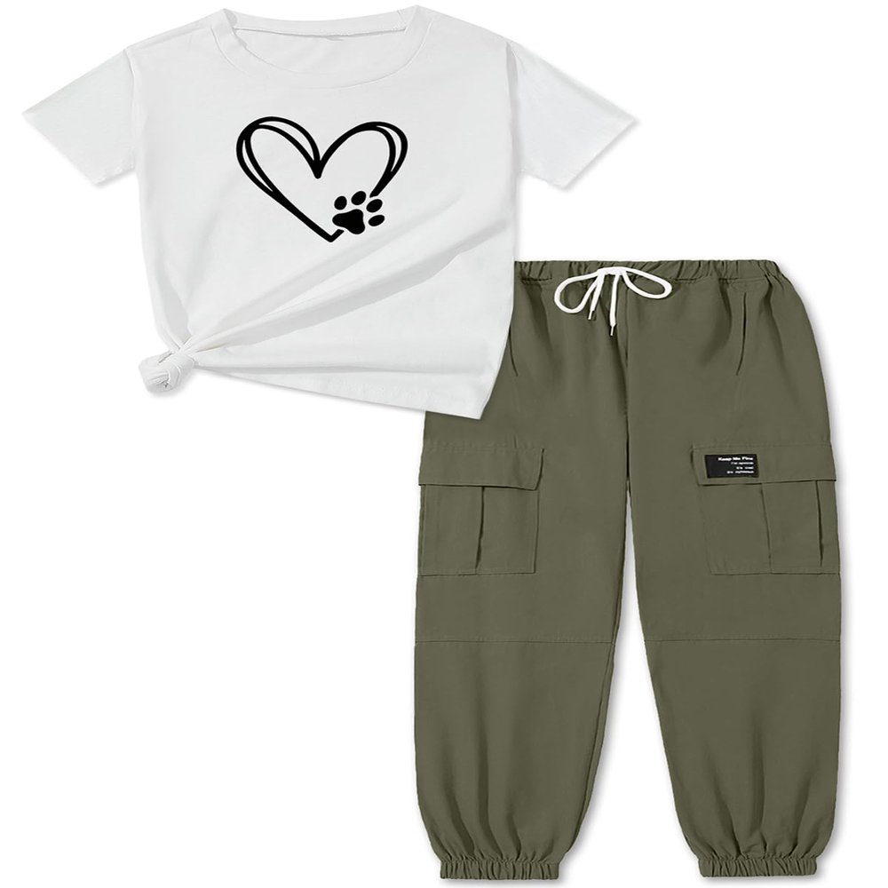 ARTMINE Girls 2-Piece Clothing Sets Sleeve Printed T-shirt+Casual Drawstring Elastic Waist Cargo Pants, US 13-14 Years = Tag 170