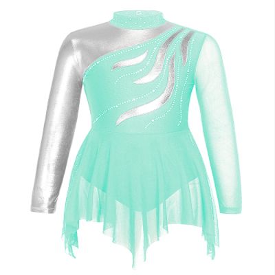 YOOJOO Girls Long Sleeves Figure Ice Skating Dress Kids Leotard Roller Skating Rhinestones Sheer Mesh Ballet Dance Dress G1141Bluegreen 14 Years