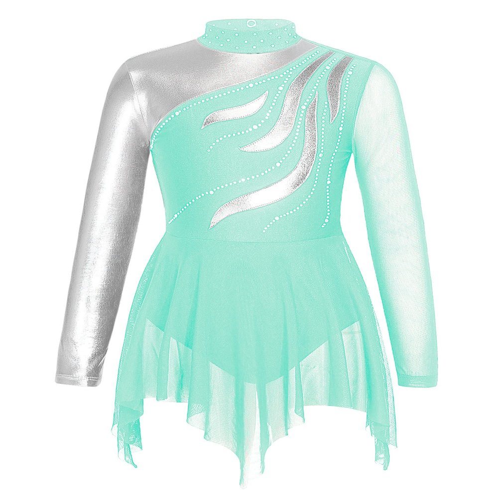 YOOJOO Girls Long Sleeves Figure Ice Skating Dress Kids Leotard Roller Skating Rhinestones Sheer Mesh Ballet Dance Dress G1141Bluegreen 14 Years