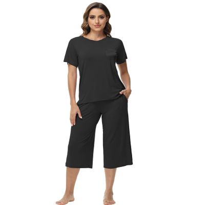 WiWi Women's Summer Pajama Set Viscose from Bamboo Loungewear Soft 2 Piece loose Capris Pjs S-XXL, Black, Large