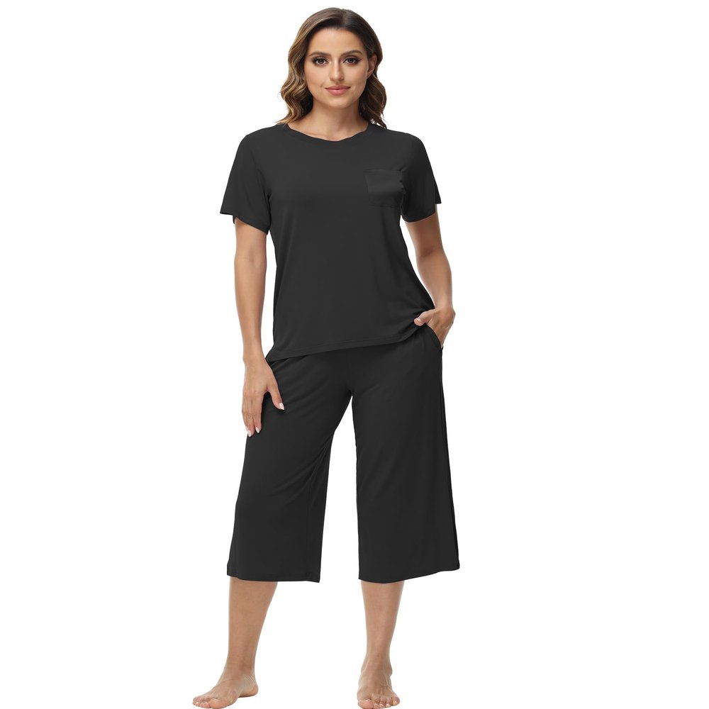 WiWi Women's Summer Pajama Set Viscose from Bamboo Loungewear Soft 2 Piece loose Capris Pjs S-XXL, Black, Large