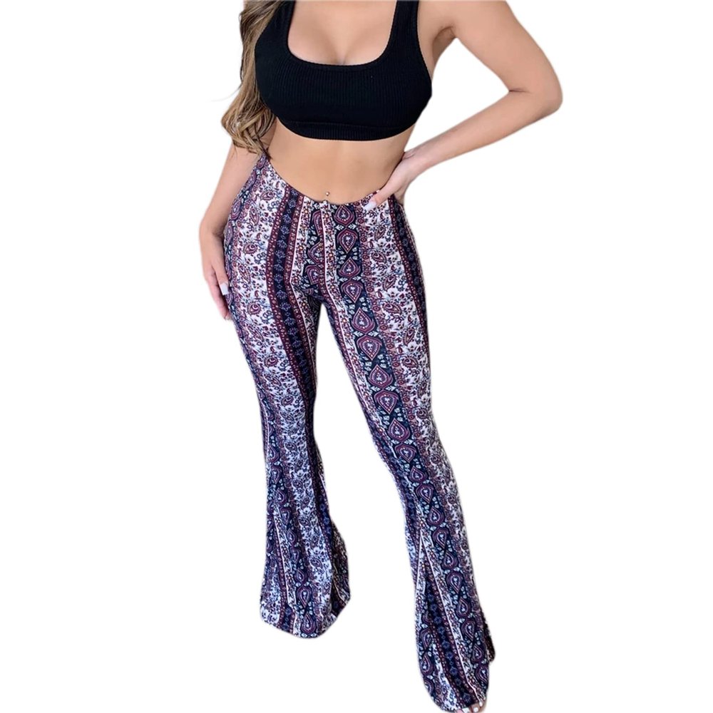 Mxiqqpltky Plus Size Flare Leggings for Women High Waist Printed Stretch Yoga Flared Pants Bodycon Hippie Pants Bell Bottoms (Purple, S)
