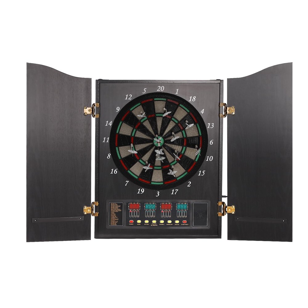 BANLICALI Dartboard Cabinet Wall-Mounted Electronic Dart Board Cabinet Set with LED Display, 16 Players Capacity Folding Dart Board for Adult (Black)