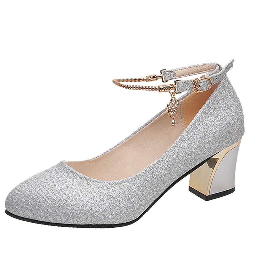 NineFit Basics Shoes Women's High Wedding Work Fashion Solid Toe Chunky Heels Heels Round Women's high Women High Heel Shoes Open Toe (Silver, 8.5)