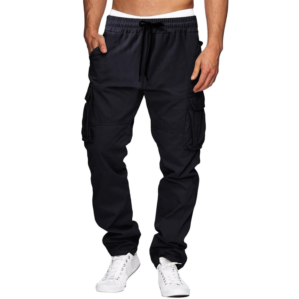 THWEI Cargo Pants for Men Casual Cotton Drawstring Lightweight Relaxed Fit Work Pants Multi Pockets Black 2XL