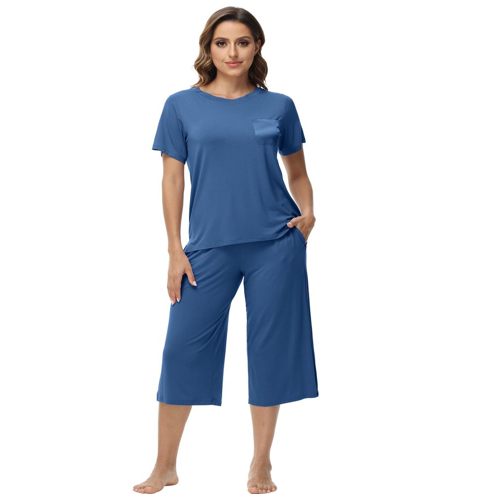 WiWi Women's Summer Pajama Set Viscose from Bamboo Loungewear Soft 2 Piece loose Capris Pjs S-XXL, Prussian Blue, Large