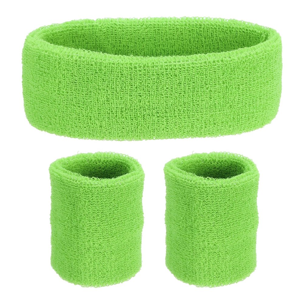 PATIKIL Sports Wristbands Headband Set, 8x8cm Cotton Terry Cloth Athletic Absorbent Sweatband 20x5cm Headband for Tennis Basketball Running, Light Green (1 Headband & 2 Wristbands)