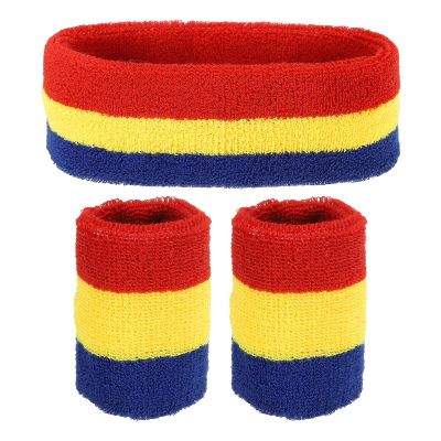 PATIKIL Sports Wristbands Headband Set, 7x8cm Cotton Terry Cloth Athletic Absorbent Sweatband 18x6cm Headband for Tennis Basketball Running, Red Yellow Blue (1 Headband & 2 Wristbands)
