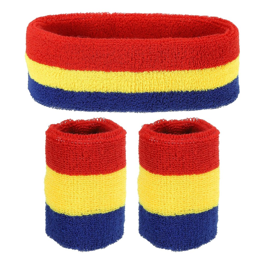 PATIKIL Sports Wristbands Headband Set, 7x8cm Cotton Terry Cloth Athletic Absorbent Sweatband 18x6cm Headband for Tennis Basketball Running, Red Yellow Blue (1 Headband & 2 Wristbands)