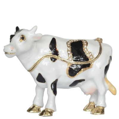 LiuliuBull Bejeweled Black and White Cow Trinket Box, Metal Jewelry Box, Miniature Ring Holder, Gift for Her