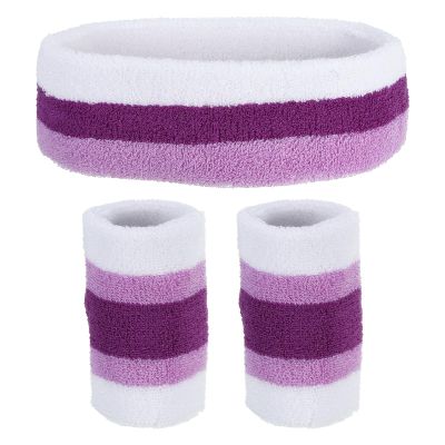 PATIKIL Sports Wristbands Headband Set, 8x10cm Cotton Terry Cloth Athletic Absorbent Sweatband 20x5cm Headband for Tennis Basketball Running, White Purple (1 Headband & 2 Wristbands)