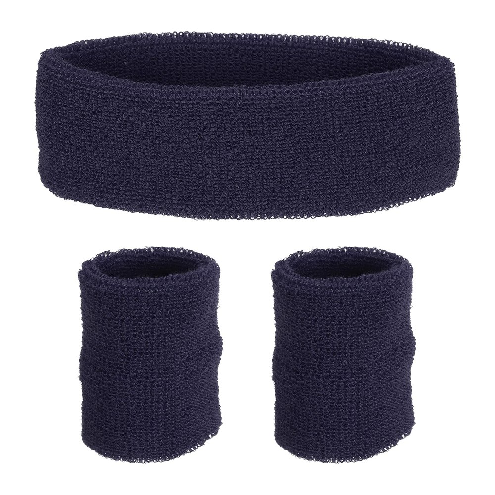 PATIKIL Sports Wristbands Headband Set, 8x8cm Cotton Terry Cloth Athletic Absorbent Sweatband 20x5cm Headband for Tennis Basketball Running, Navy Blue (1 Headband & 2 Wristbands)