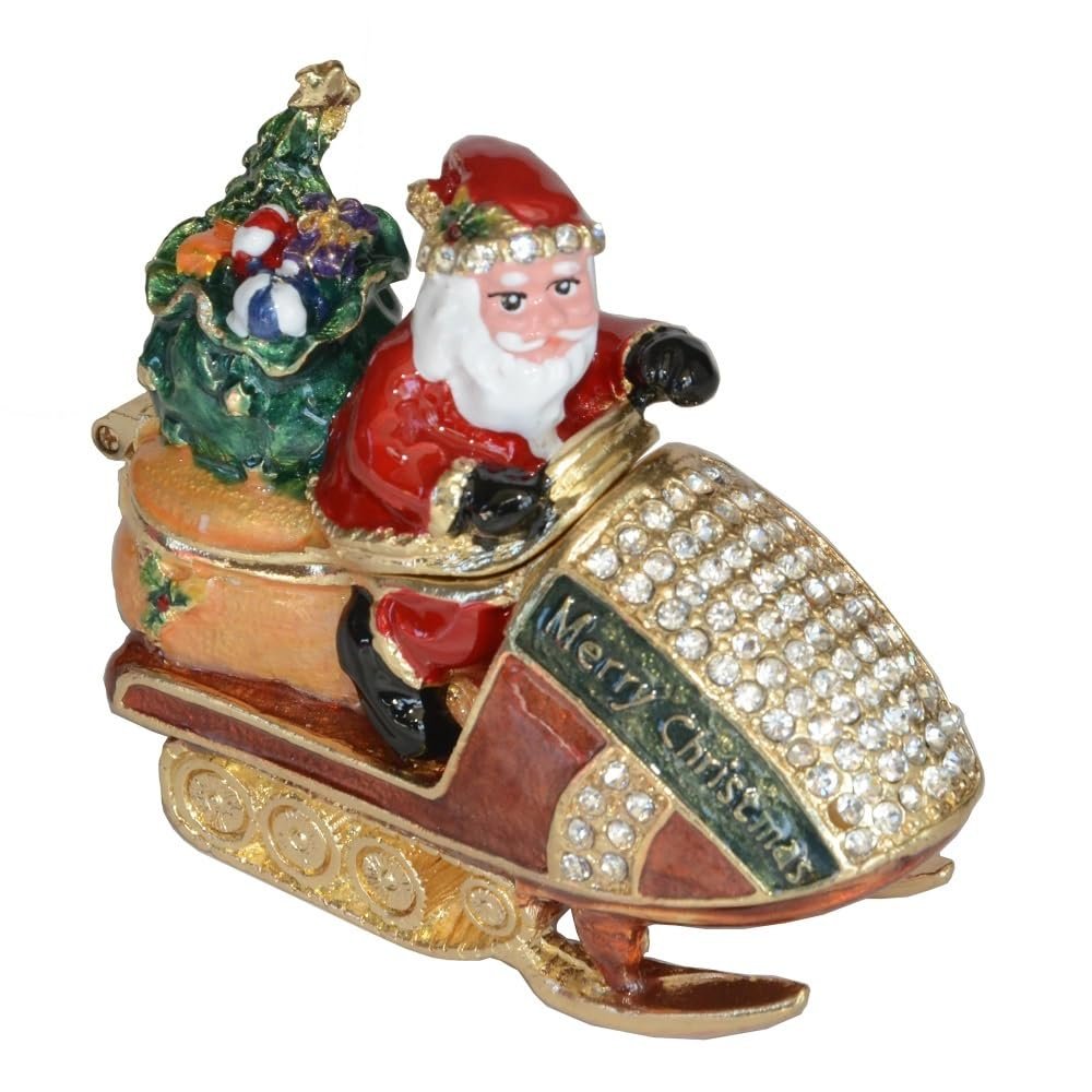 LiuliuBull Snowmobile Santa Claus Trinket Jewelry Box Crystal Inlaid Metal Collectible Christmas Gift Ring Holder