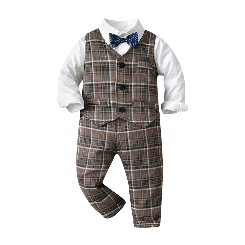 Fashion Baby Birthday Clothes Set Toddler Boys Long Sleeve T Shirt Tops Plaid Vest Coat Pants Kids Gentleman Suit