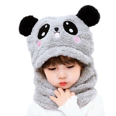Cute Cartoon Panda Baby Hat with Scarf Winter Velvet Plush Thick Warm Beanie Cap Children Full Cover Earflap Hood (Color : Gray)