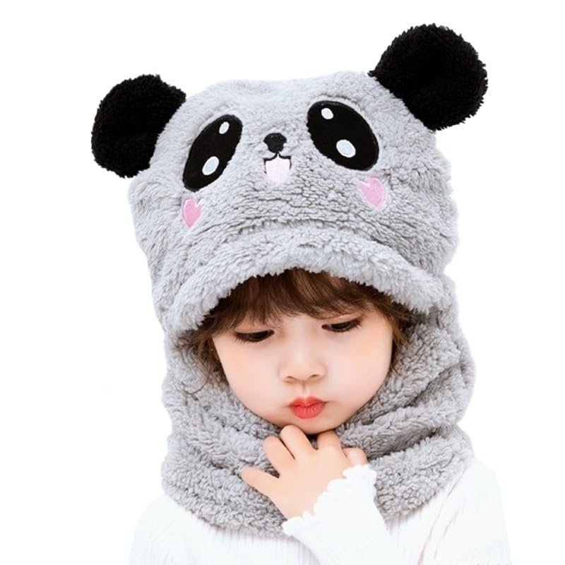 Cute Cartoon Panda Baby Hat with Scarf Winter Velvet Plush Thick Warm Beanie Cap Children Full Cover Earflap Hood (Color : Gray)