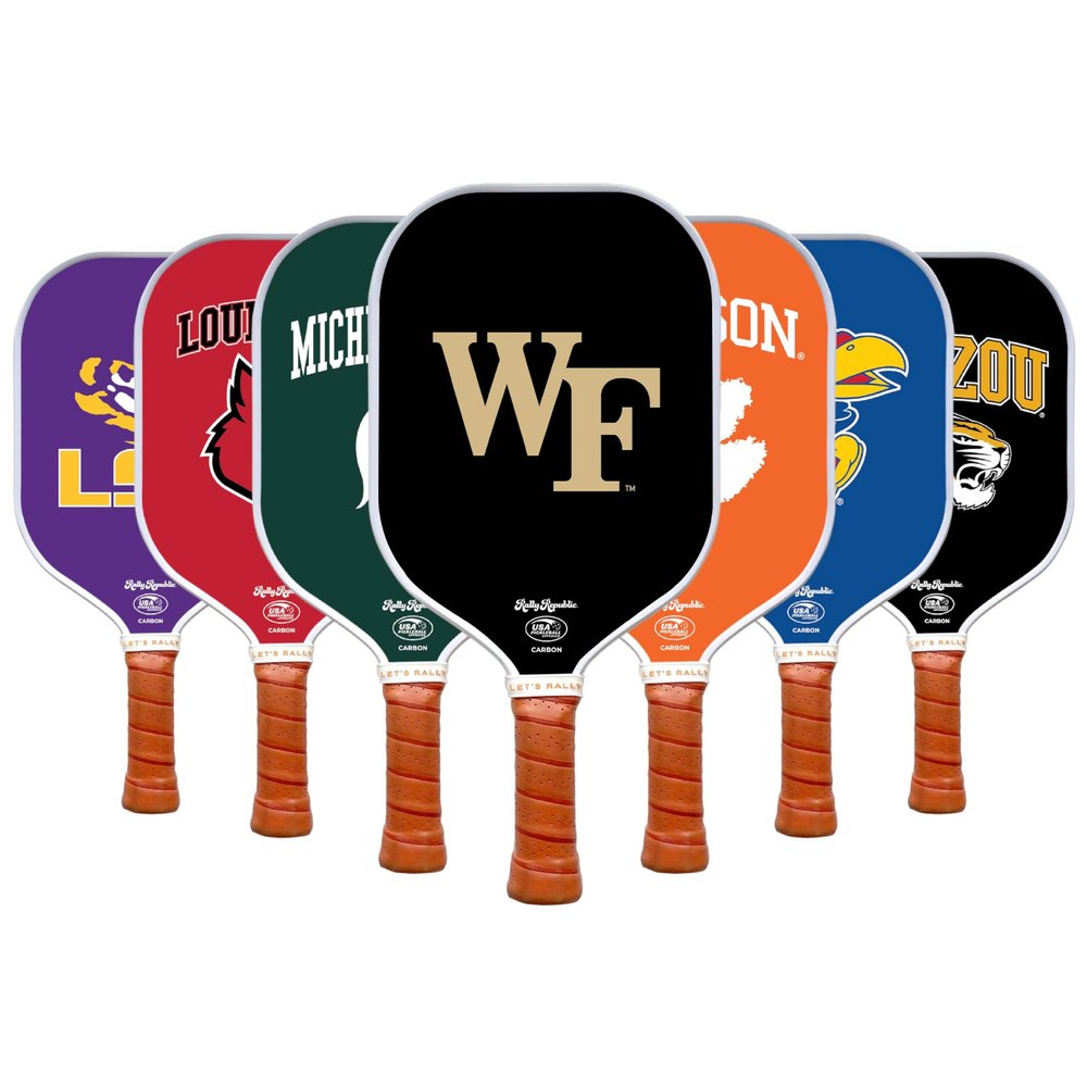 Rally Republic Officially Licensed Collegiate Pickleball Paddle - USA Pickleball Association Approved Racket - Lightweight Honeycomb Core, Carbon Fiber Exterior, Premium Leather Grip for Comfort