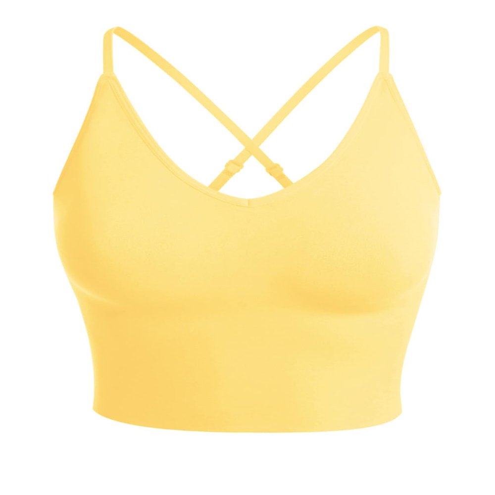 Design by Olivia Women's Seamless Padded Workout Sports Bra Cami Cropped Yoga Tank Top with Adjustable Straps Cream Yellow SM