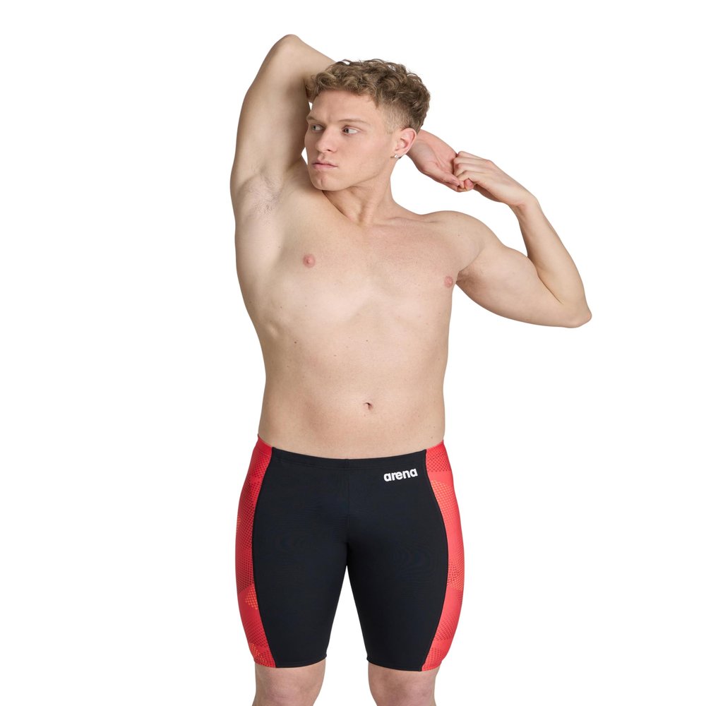 ARENA Men's Swim Jammer Halftone Team Print MaxLife Athletic Swimwear Professional Training Swimsuit Sports Bathing Suit, Black/Team Red, US Size 22