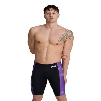 ARENA Men's Swim Jammer Halftone Team Print MaxLife Athletic Swimwear Professional Training Swimsuit Sports Bathing Suit, Black/Team Purple, US Size 38